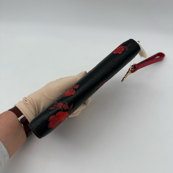 Coach Long Zip Around Wallet With Floral Print Black Red Gold - Picture 5 of 15